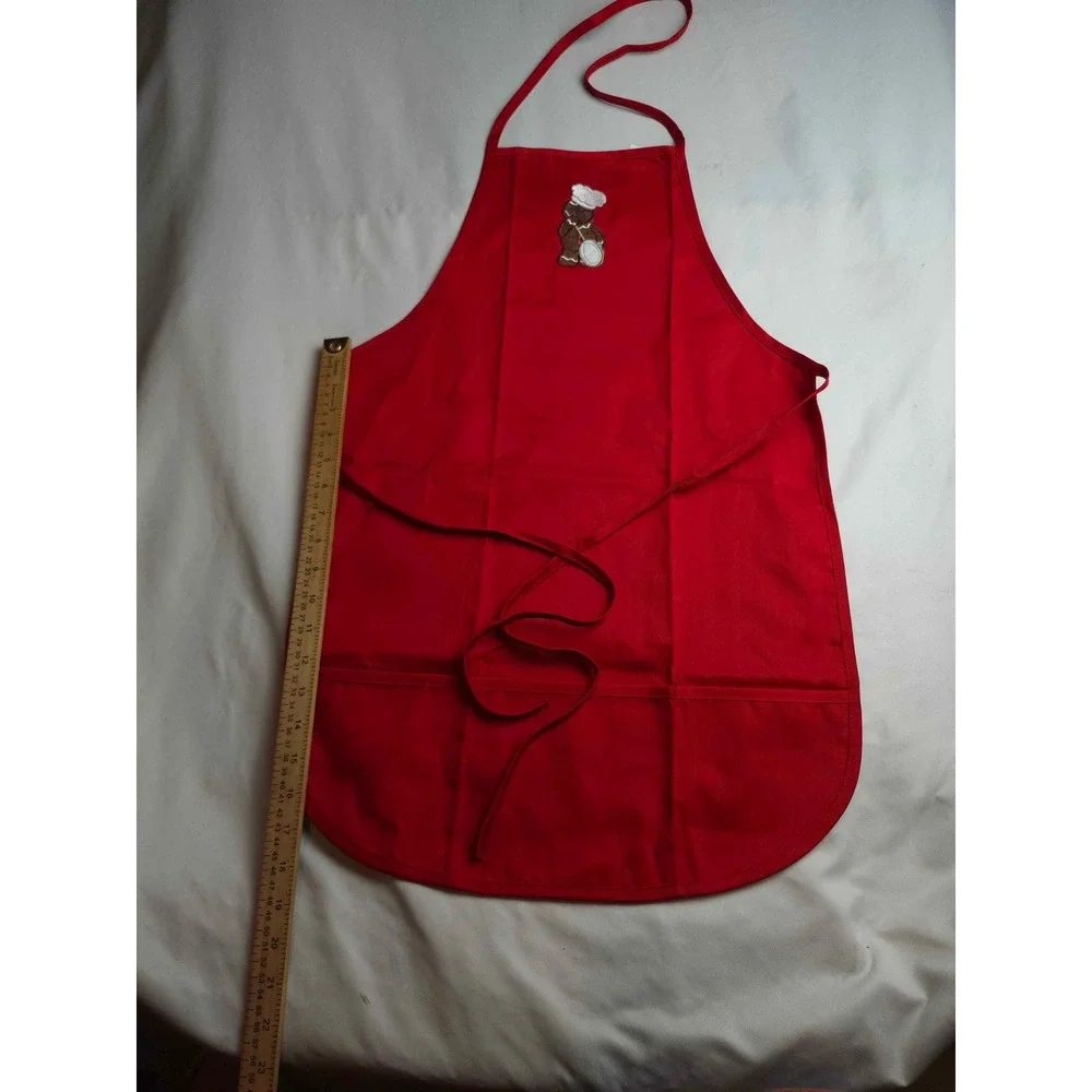 Red Gingerbread Man Chef Apron Embroidered Holiday Kitchen Bib 3 Pockets